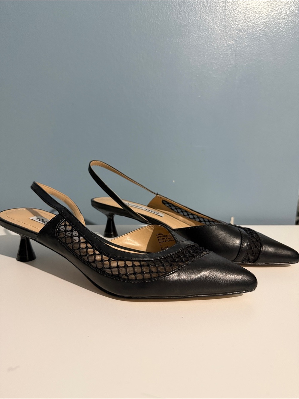 Charles David Black Leather & Mesh Slingback Kitten Heels